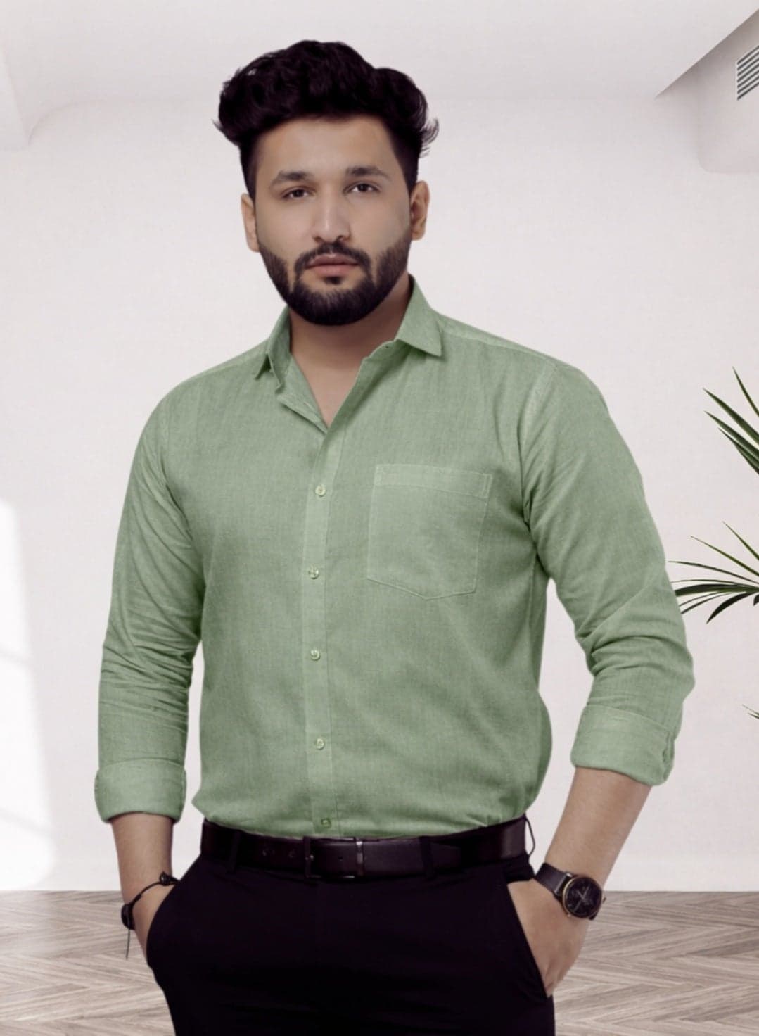 100% Pure Cotton Linen Formal Shirt - Green Color Shirt Men - Full Sleeve Cotton Shirt