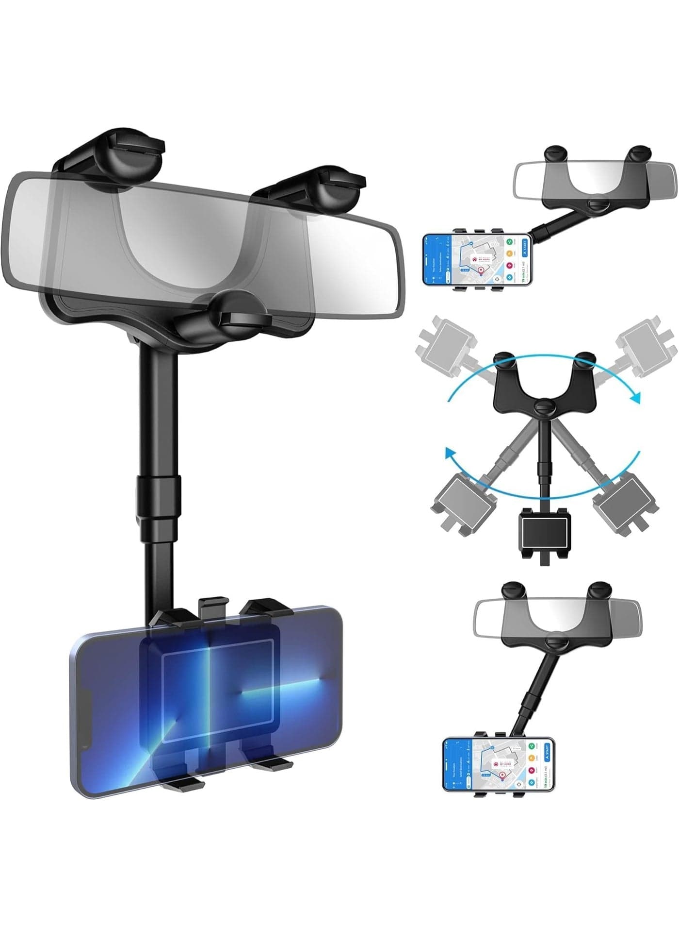 Universal 360° Rearview Mirror Car Phone Holder Mount | Adjustable Hands-Free Mobile Stand for iPhone & Android | Dashboard & Windshield Compatible
