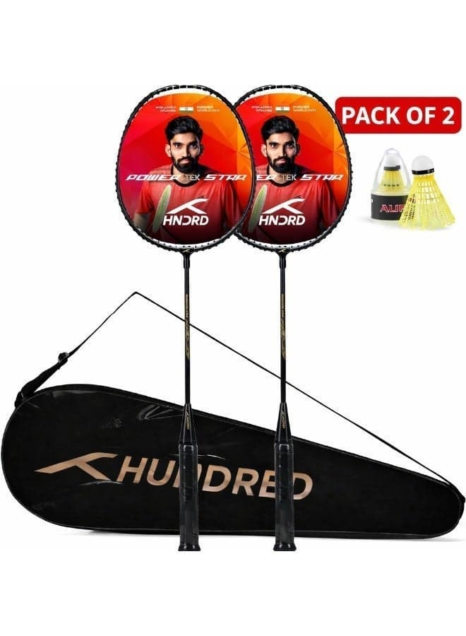 Hundred Powertek Star Badminton Racket Set – 2 Strung Rackets with Full Cover & 2 Nylon Shuttlecocks | Lightweight, Durable, Ideal for Beginners & Match Play