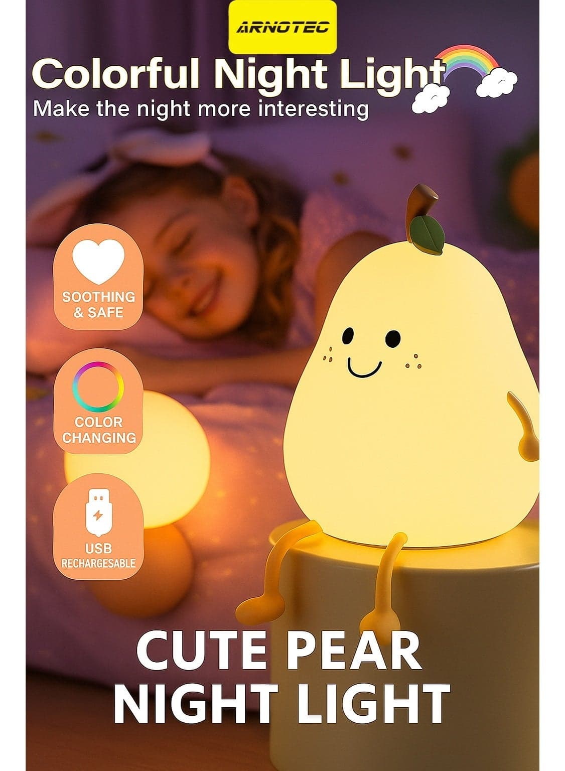 Pear-Shape Silicone Night Light, Warm White + 7 Color Modes, USB Rechargeable, 1200mAh Battery, BPA-Free Soft Silicone Lamp for Baby Kids Bedroom Decoration