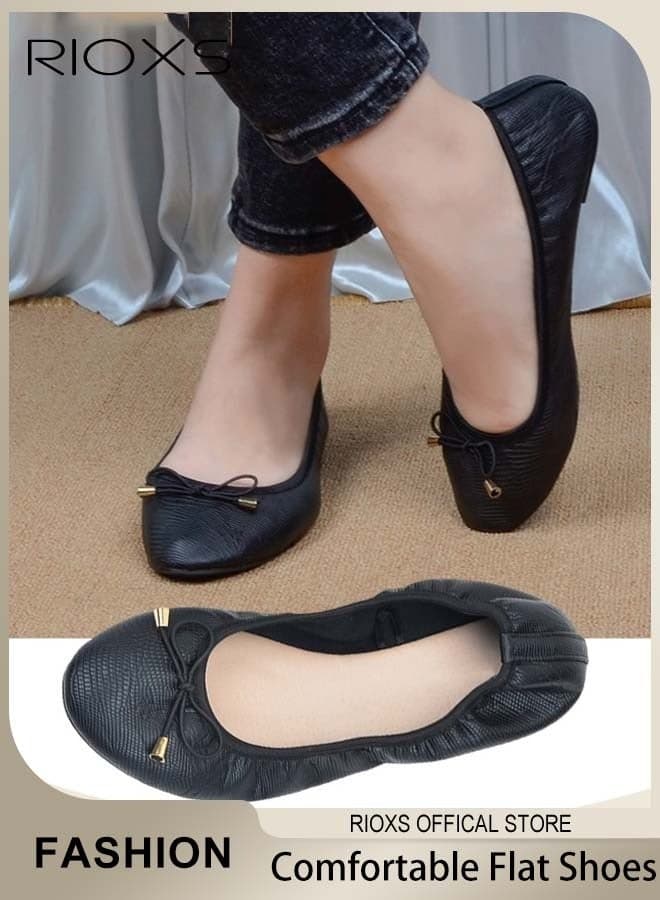Casual Womens Ballet Flats, Women's Comfort Shoes Slip-On Design, Ballerina Shoes With Bow Knot, Ultra Soft Round Toe Ballet Flat Shoes, Ladies Dressy Shoes Business Shoes, Foldable Ballet Flats for Women, Anti-slip Lightweight Walking Shoes for Daily Or Office Wear, , Black Leather Flat Footwear
