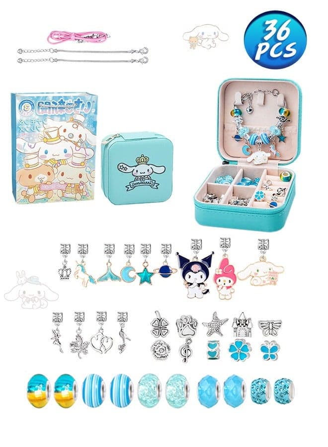 36PCS Charm Bracelet Making Kit, Girls Beads for Jewelry Making Kit, with Jewelry Box, for DIY Craft Jewelry Gift, For 7-14 Year Old Girl(Blue)