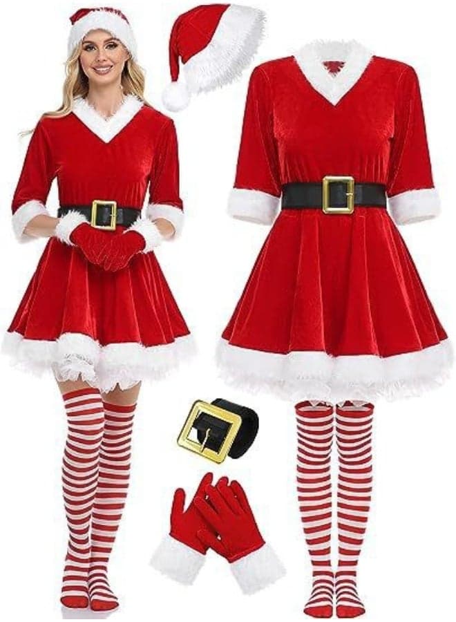 Women’s Christmas Santa Dress Costume – Red Velvet Mini Dress with Hat, Belt, Gloves & Candy-Stripe Stockings, Soft Fur Trim Party Outfit (Size M)