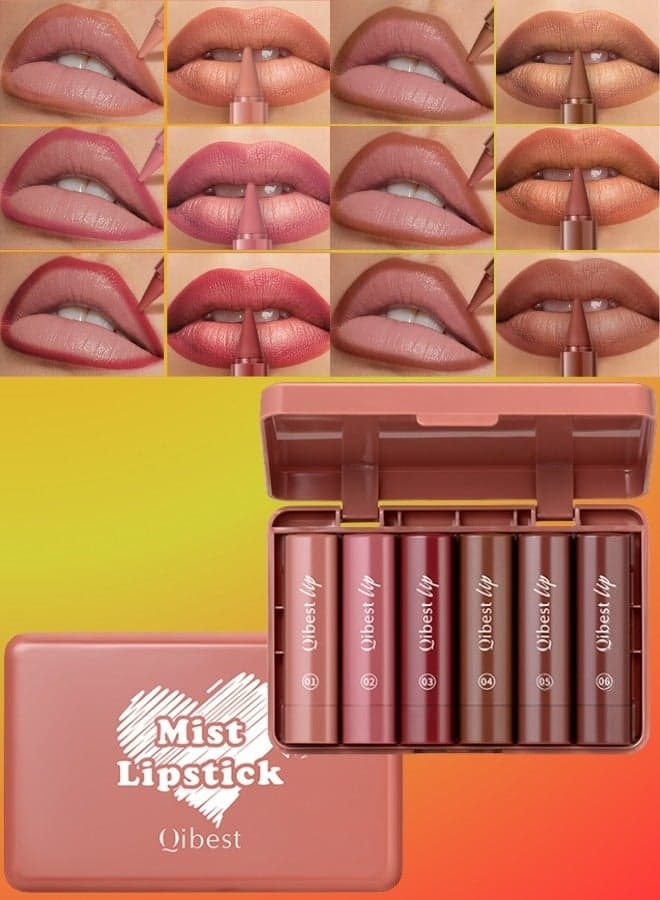 6Pcs Mist Lipstick Set Lipstick & Lip Liner Multi Use Long Lasting Waterproof Non Drying Matte Lipsticks Set Orange Tea Brown Pumpkin Curry Jam Cinnamon 6 Colors (1.2gx6)