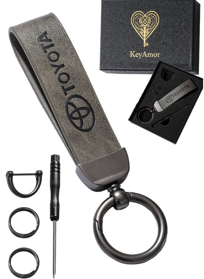 KeyAmor Elegant grey metal and leather keychain with TOYOTA logo featuring 3 key rings perfect as a fancy gift or car accessory designed in sleek grey for a modern look offers 360 degree rotation for convenience suitable for both men and women and comes in a fancy gift box