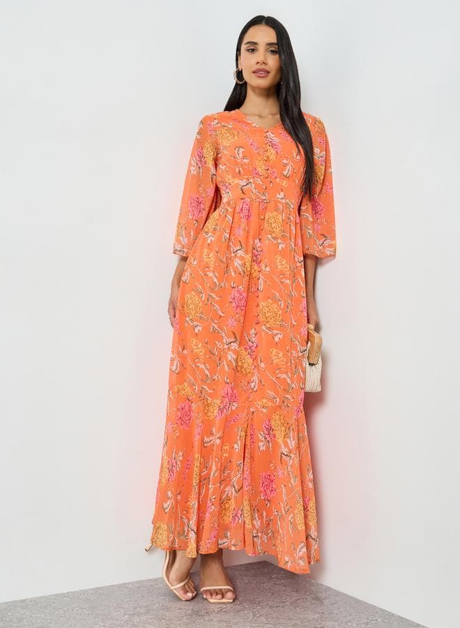 Orange Floral Print Mermaid Maxi Dress with 3/4th Sleeves