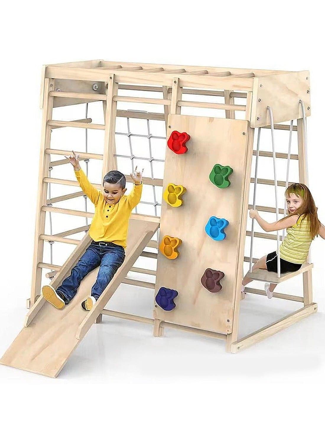 Indoor Jungle Gym Kids Toys 7 Functions Wooden Baby Toddler Climbing Toys Montessori Children Climbing Toy Set with Slide Climbing Rocks Climbing Net Horizontal Bar Climbing Ladder Rope Ladder and Swing