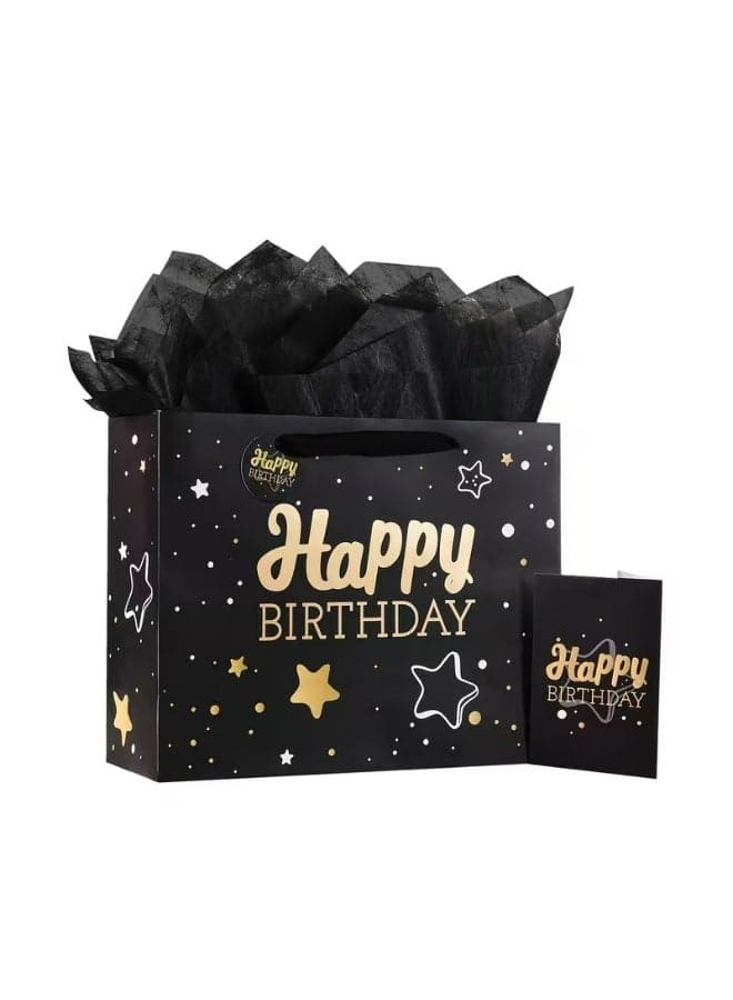 1Pcs Black Starry Polka Dot Five-Pointed Star, Happy Birthday Packaging Box. Gift Bag Set Includes 1 Greeting Card, 3 Gift Wrapping Papers, And 1 Gift Bag with Handle