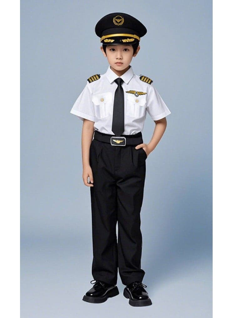 Children's Pilot Role-Play Costume Set - Airline Captain Uniform - Career Day Outfit for Kids -(Costume set includes: short-sleeved shirt + trousers + belt + sunglasses + hat + tie + epaulettes & badges)