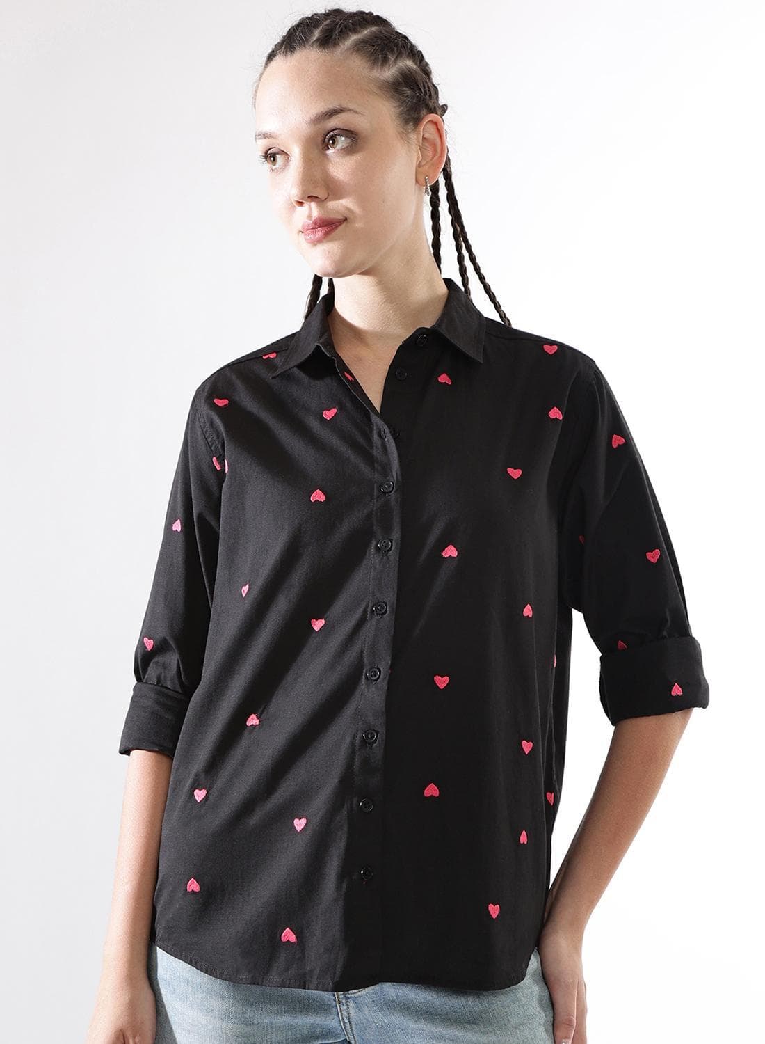 Women Comfort Heart Shape Oversized Embroidered Casual Shirt