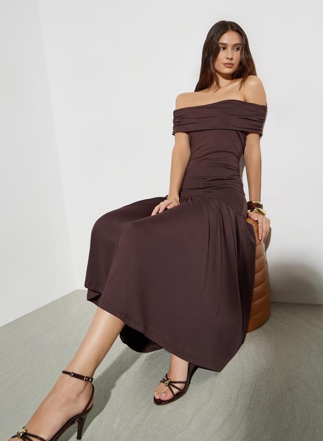 Brown Off Shoulder A-Line Midi Dress