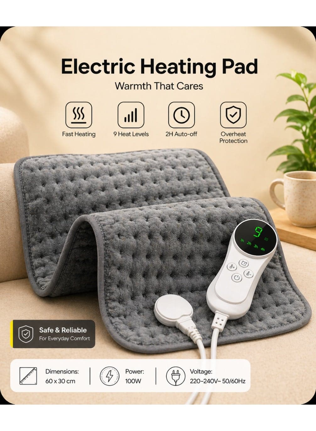 Electric Heating Pad with Digital Temperature Controller | Soft Plush Heating Mat for Back, Neck & Body Pain Relief | EU Plug