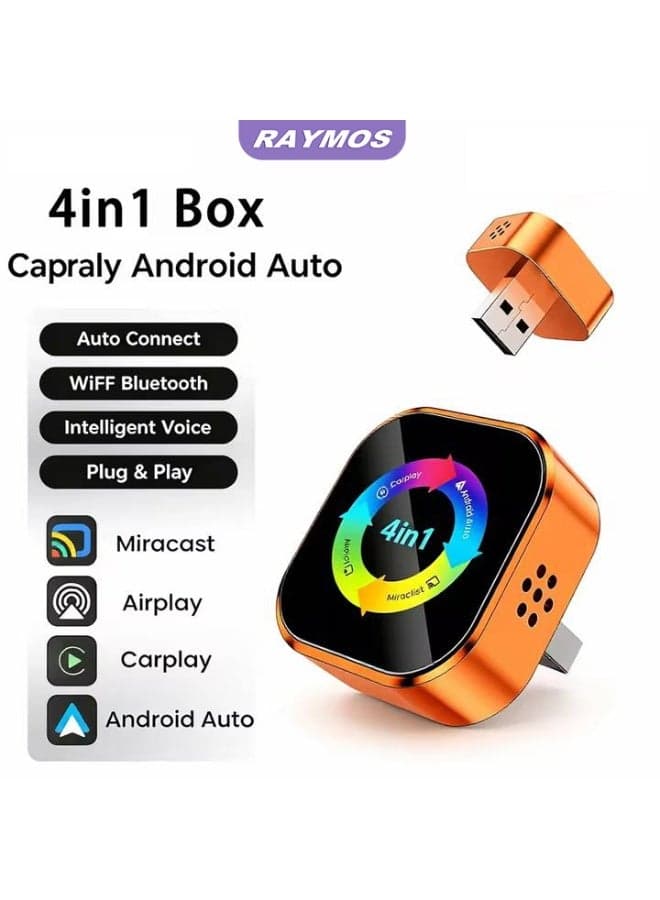 RAYMOS 4-in-1 Wireless CarPlay & Android Auto Adapter – Wired to Wireless, AirPlay & Miracast, Bluetooth 5.0, 5GHz WiFi, Plug & Play for Factory CarPlay Cars