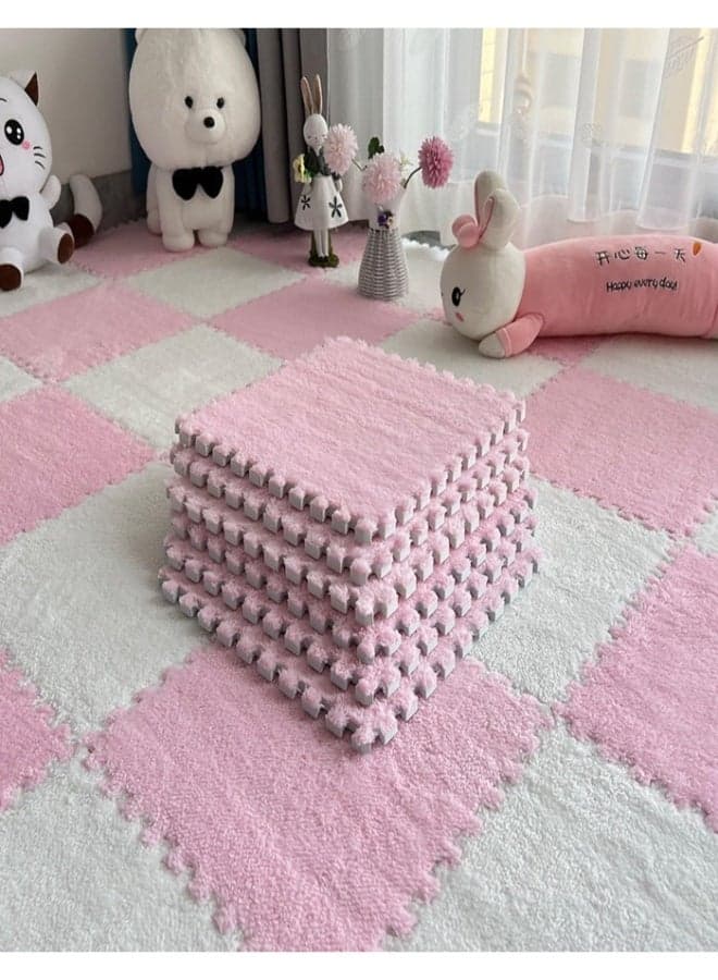 12 Pcs Plush Puzzle Foam Floor Mat,Interlocking Foam Mat Floor Tiles,Comfort Foam Padding,Soft Plush,Non-Slip,Easy to Clean,30x30x1cm for Home Decor/Playroom/Bedroom/Gym (6 Pcs White+ 6 Pcs Pink)