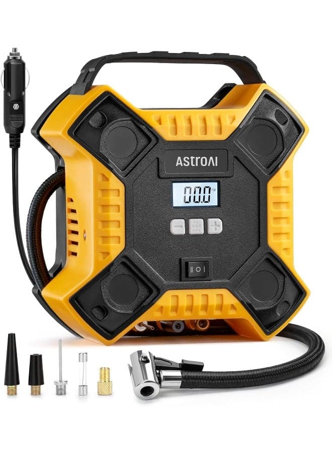 AstroAI Tyre Inflator Air Compressor Car Tyre Inflator 12V DC&160PSI Integrated Metal Structure Digital Car Tyre Pump with LED Light, Auto-off for Cars, Bicycles, Motorcycles, and Others Yellow for Gifts