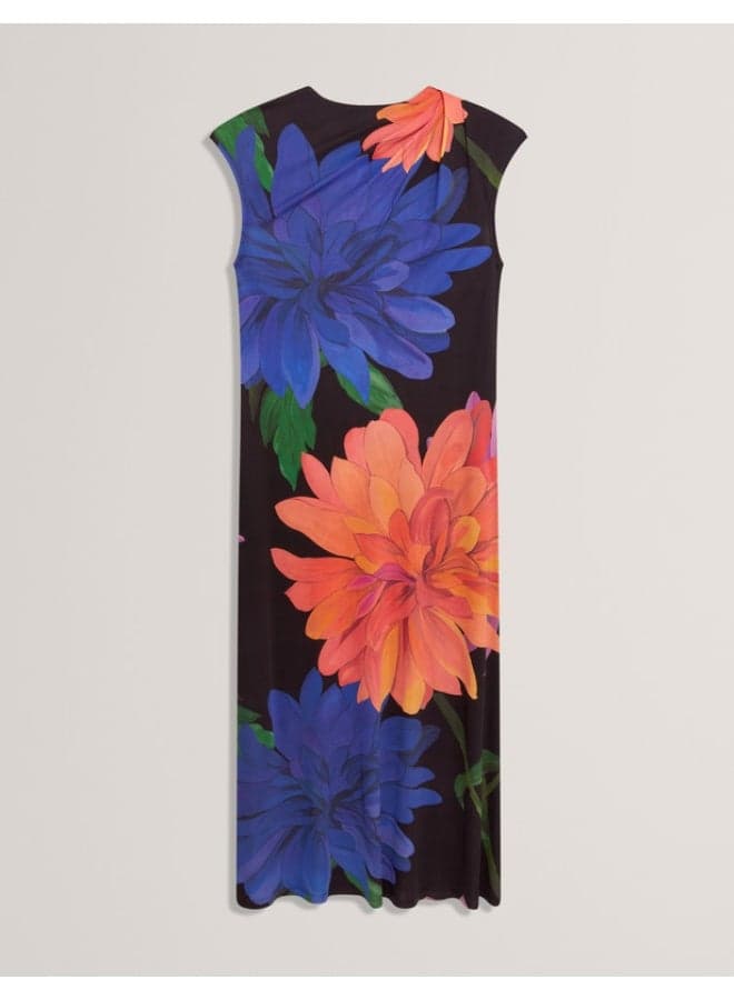 Printed Midi Dress with Draped Neck Deta
