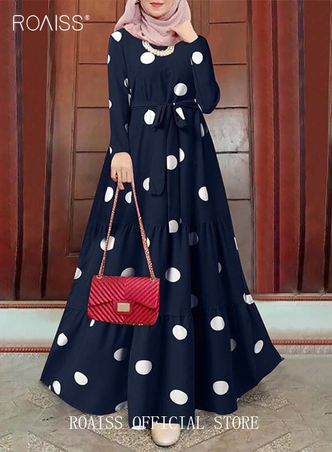 Women Polka Dot Frock with Belt, Round Neck Long Sleeve A-Line Dress, Stylish Elegant Maxi Dress for Ladies, Perfect for Daily Wear and Outdoor Activities