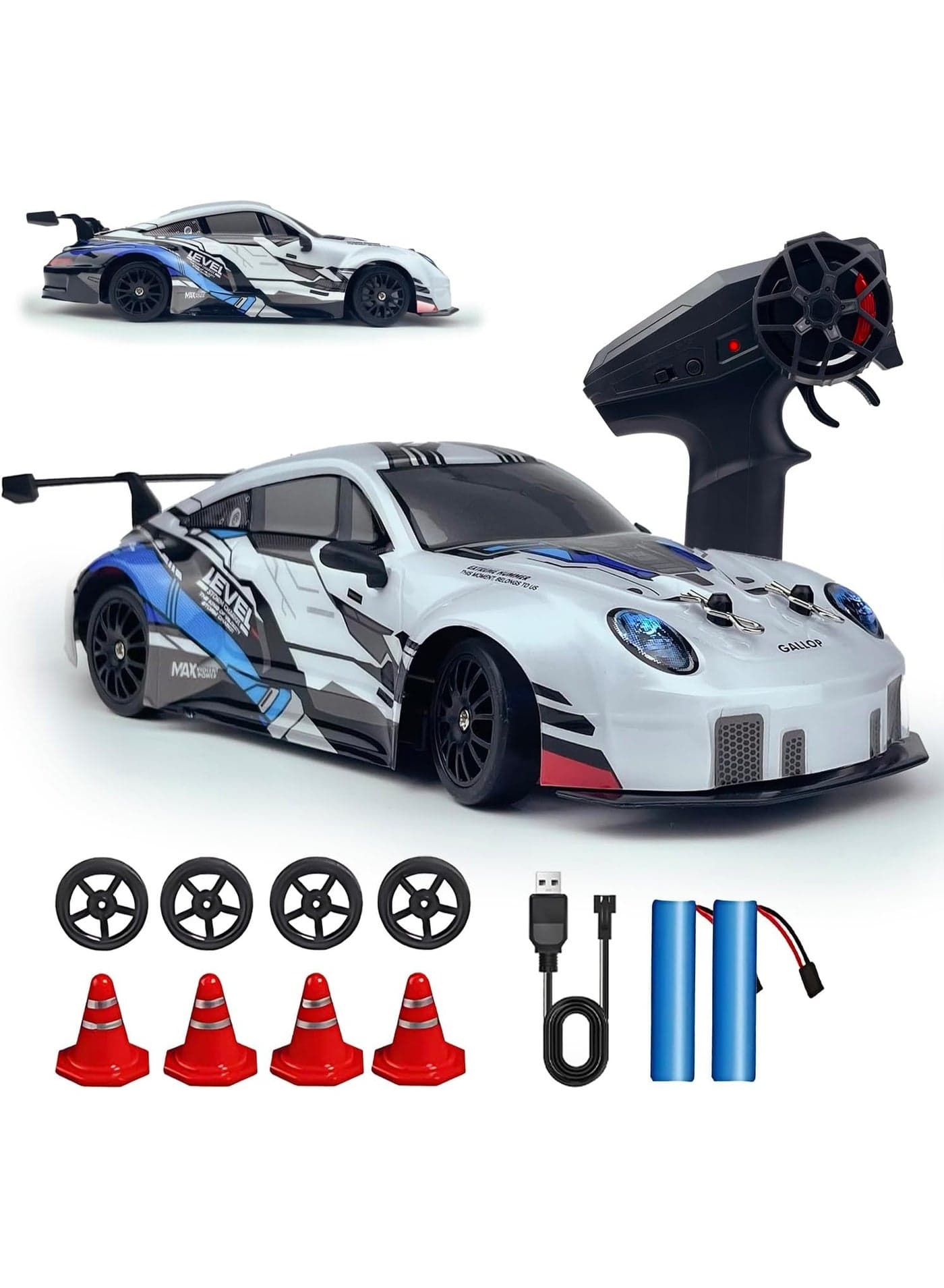 RC Drift Car 2.4GHz 1:24 Scale 4WD High Speed Remote Control Cars Vehicle with LED Lights Two Batteries and Drifting Tires Racing Sport Toy Cars for Adults Boys Girls Kids, White