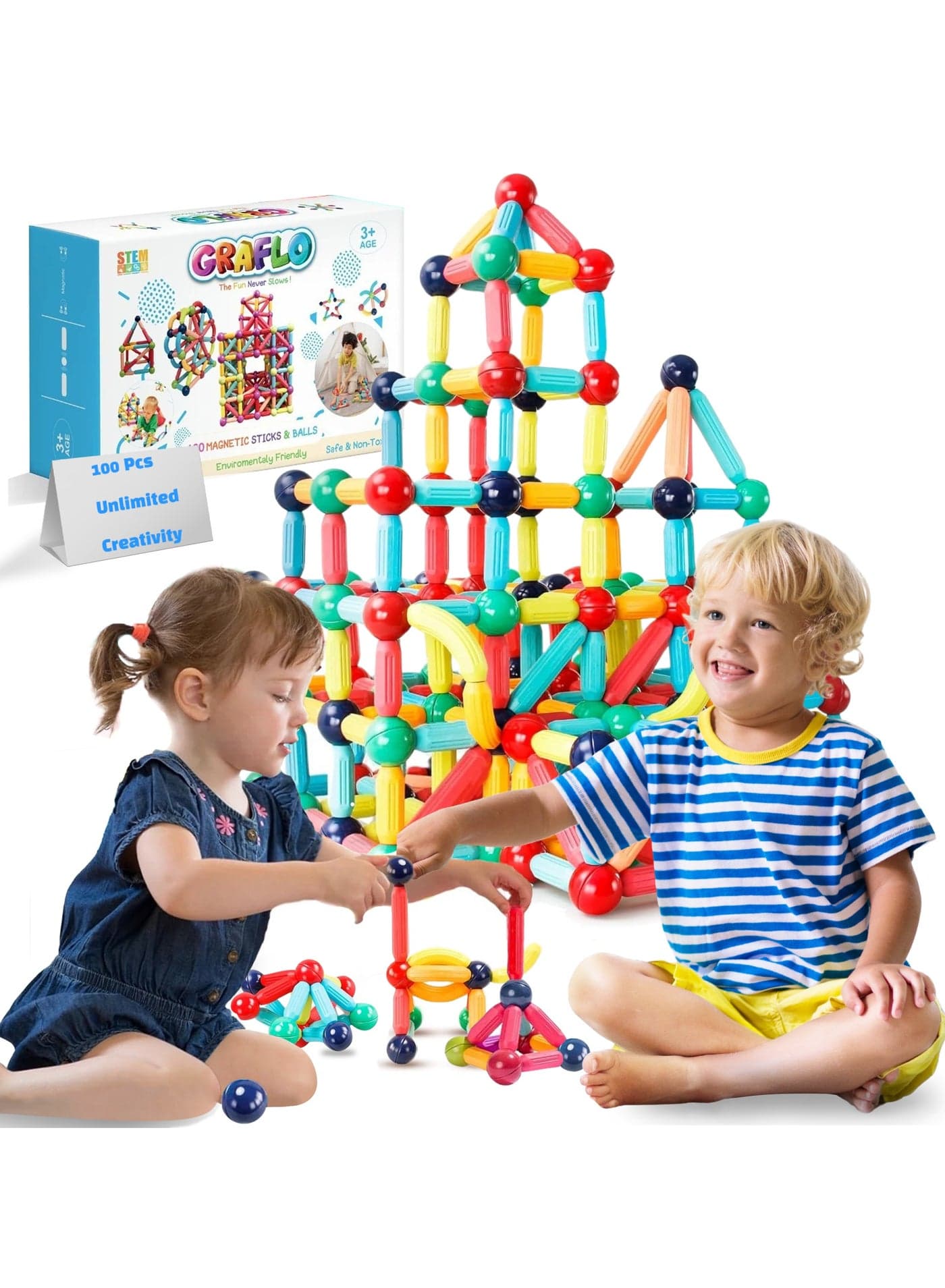 Magnetic Building Blocks Magnetic Sticks and Balls Game Set Construction Set 100 Pcs Early Educational STEM Learning Montessori Preschool Toys Magnet Construction Set for Kids 3+ years