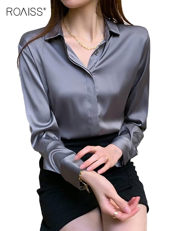 Women's Satin Blouse Fashion Long Sleeve Satin Silk Shirt Work Office Top Casual Shirt Spring Versatile Lapel Vintage Draped Commuter Style Blouse for Women Dark Gray Blue