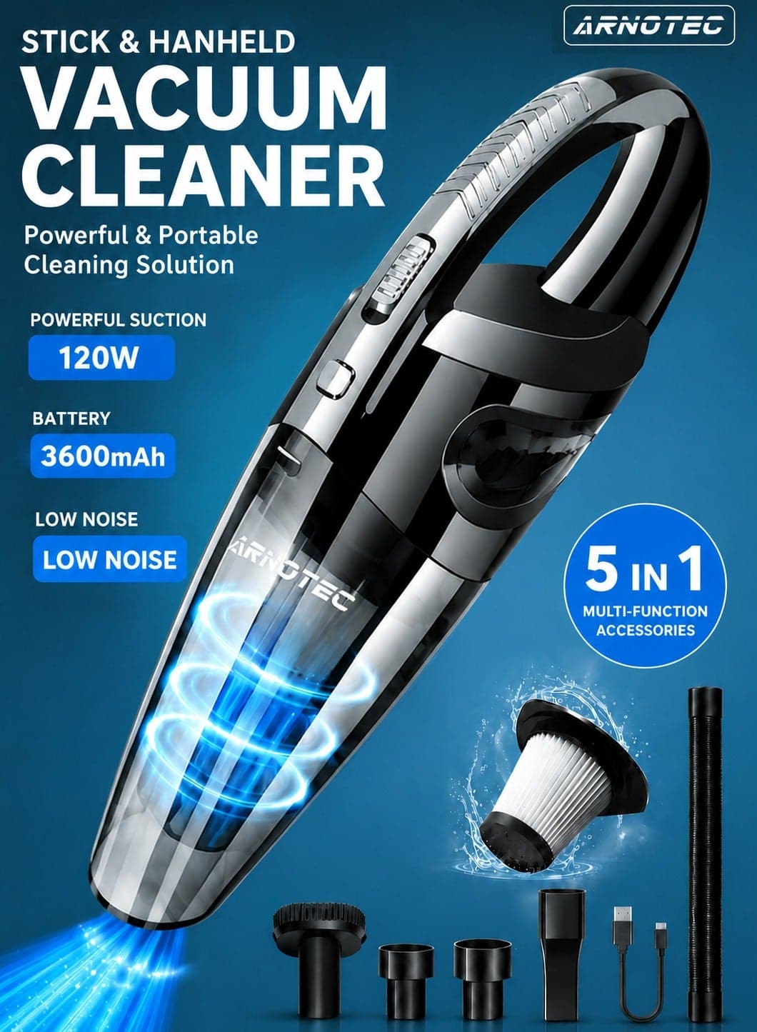 Handheld Vacuum Cordless High Power 120W 3200pa Vacuum Dust Busters Cordless Rechargeable Portable for Pet Pair/Sofa/Car/Office