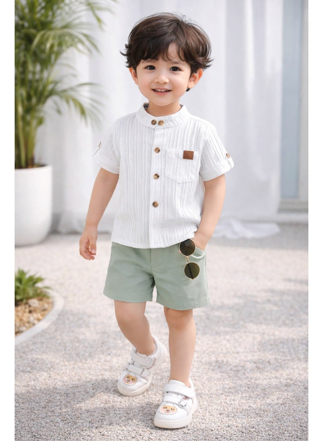 Baby Boys 2-Piece Summer Outfit Set – Textured Short Sleeve Button Shirt with Shorts – Casual Cotton Blend Clothing Set for Toddlers 18-24 Months