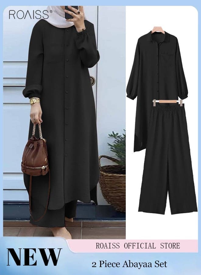 2 Piece Abayaa Set for Women Muslim Ethnic Style Women's Clothing Sets Daily Commuting Button Fastening Long Sleeve Shirt Top and Elastic Waist Wide Leg Pants Balck