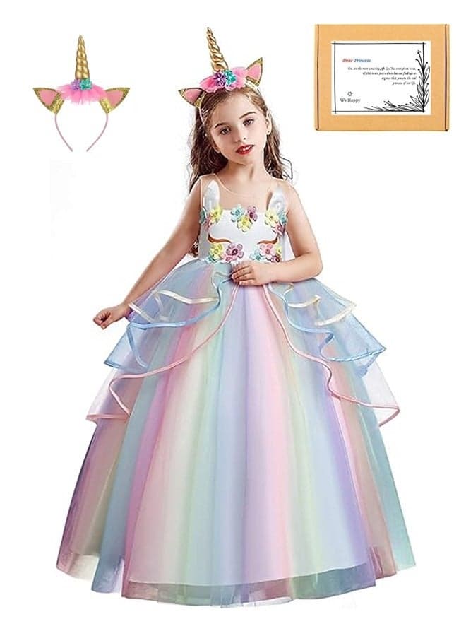 Girls Floral Unicorn Costume Princess Rainbow Party Dress Wedding Birthday Carnival Long Maxi Gown