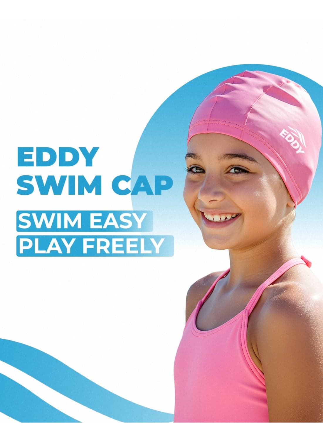 EDDY Kids Swim Cap – Lightweight PU-Coated Fabric, Long Hair Friendly, Soft & Stretchy Swim Cap for Boys & Girls – Comfortable, Durable, Water-Resistant, Easy to Wear – Ideal for Swim Lessons, Pool & Beach Fun