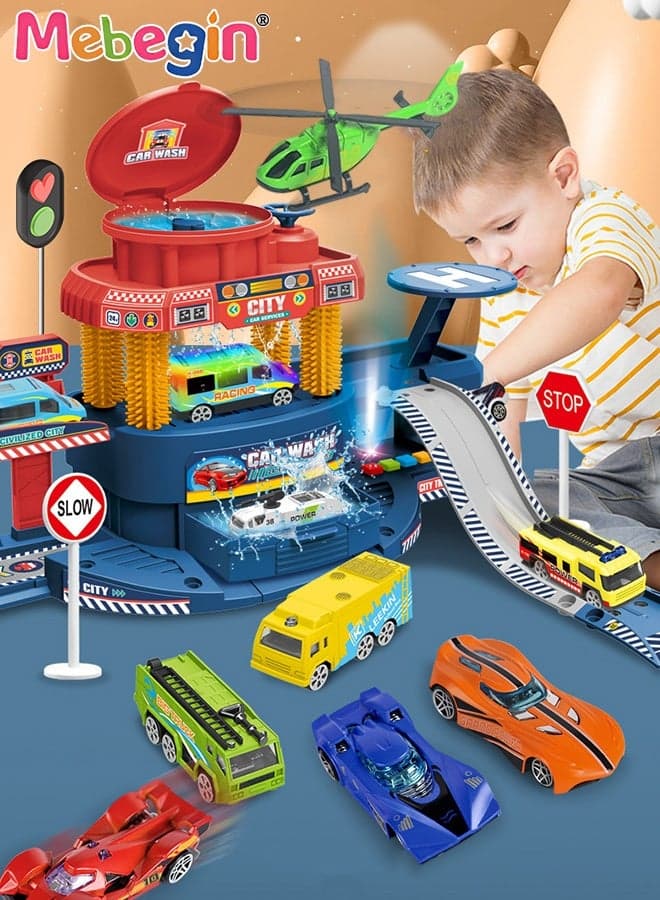 Car Wash Station Playset, Track Toys Set with 8 Colour-changing Alloy Cars and Rich Accessaries, Creative City Washer Scenes Pretend Play Toy with Light and Sounds, Parent-child Interactive Toys, Ideal Gift for Kids Aged 3+