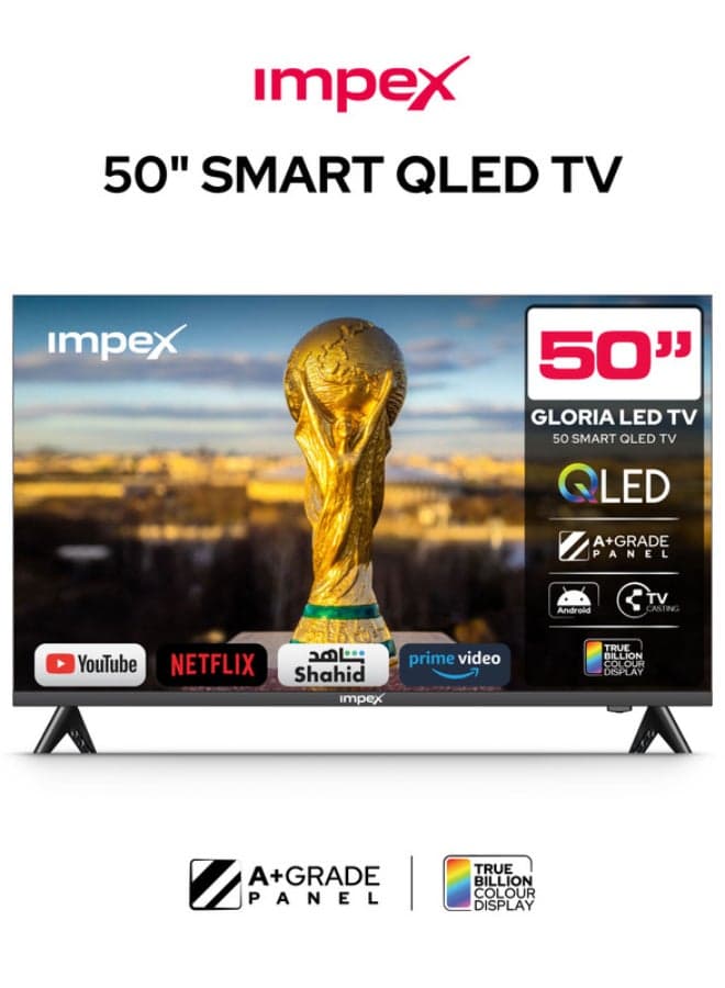50 Inch Full HD QLED Smart TV – 8GB/1GB, Quad-Core, Frameless, TV Casting, 2 HDMI, 2 USB, RJ45, 176° Viewing Angle, Smart Energy Saving, A+ Zero Bright Dot, Television With 2Y Warranty - Gloria50Q Black Gloria50Q Black