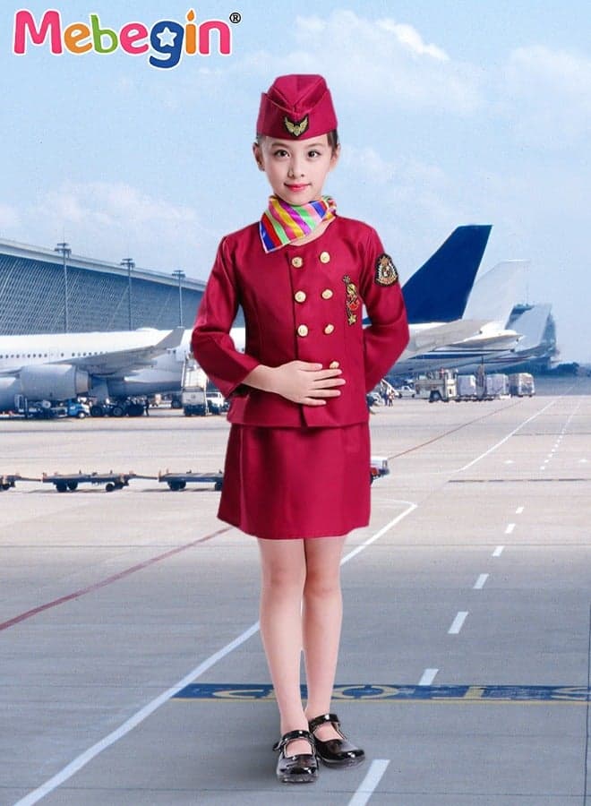 4PCS Flight Attendant Suit, Stewardess Uniform Set with Top, Skirt, Hat and Scarf, Girl's Aerospace Flight Attendant Uniform, Stewardess Costume for Cosplay, Stage Performance and Themed Party