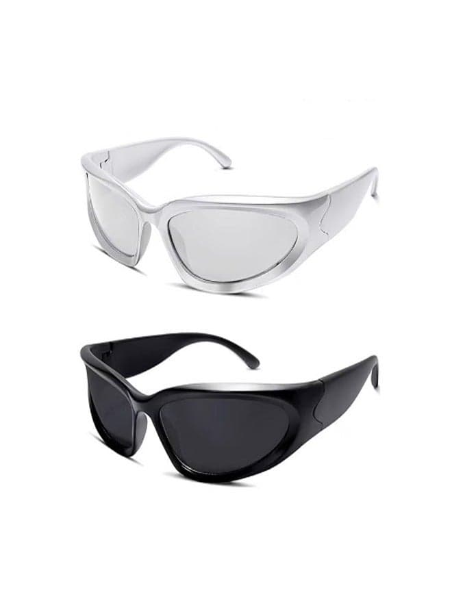 2 Pairs Y2K Wrap Around Sunglasses Sports Futuristic Oval Glasses for Women Men Trendy Fashion Shades Silver
