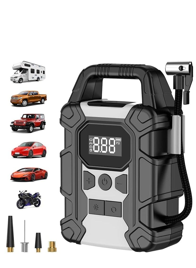 Digital Car Tyre Inflator,Portable Tire Inflator,Electric Air Compressor with 25mm Cylinder/7800mAh Battery Power Bank/Auto Stop/LED Light/LCD Screen/Handle,150 PSI Fast Cordless Air Pump for Car,Motorcycle,Bicycle,Ball Air Mattress