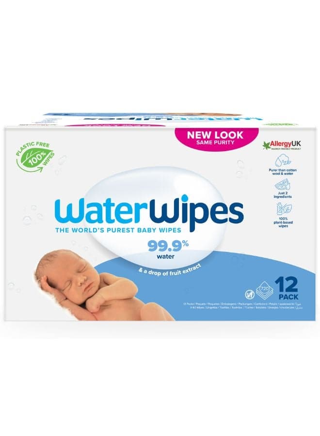 Original Plastic Free Baby Wipes, 720 Wet Wipes, 99.9% Water Based And Unscented For Sensitive Skin Pack of 12