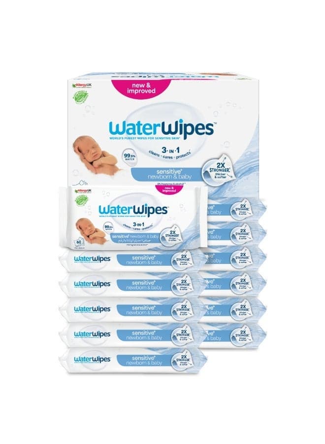 WaterWipes Sensitive+ Newborn & Baby Wipes, 720 Count (12 Packs), 3-In-1 Cleans, Cares, Protects, 99.9% Water, Unscented