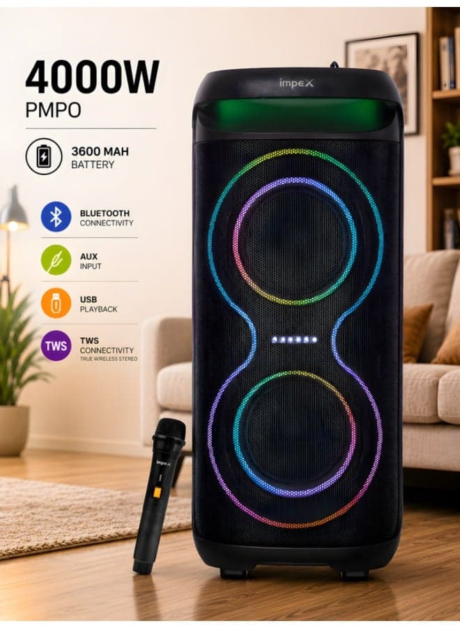 Portable Trolly Speaker Music Player 2 x 6.5 inch Powerful Speaker Drivers Song With Outdoor and Indoor DJ Party System- 4000W (PMPO), 3600mAh/7.4V Rechargeable Battery, USB, TF, AUX, FM Radio, Mic Input, Bluetooth Function, Karaoke Function, UHF wireless MIC, High-Quality Sound Experience - TS81, Black Black