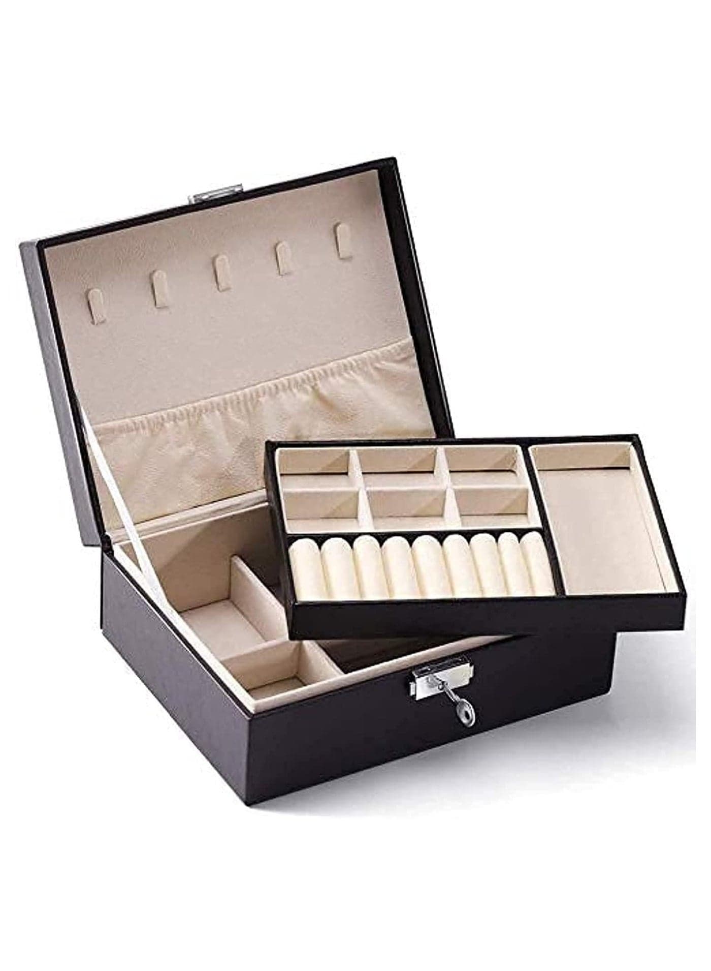 Jewelry Box Organizer for Women Girls, 2 Layer Large Display Storage Case PU Leather Travel Jewel Holder Cabinet with Removable Tray & Partition for Necklace, Earrings, Bracelets, Rings - Black