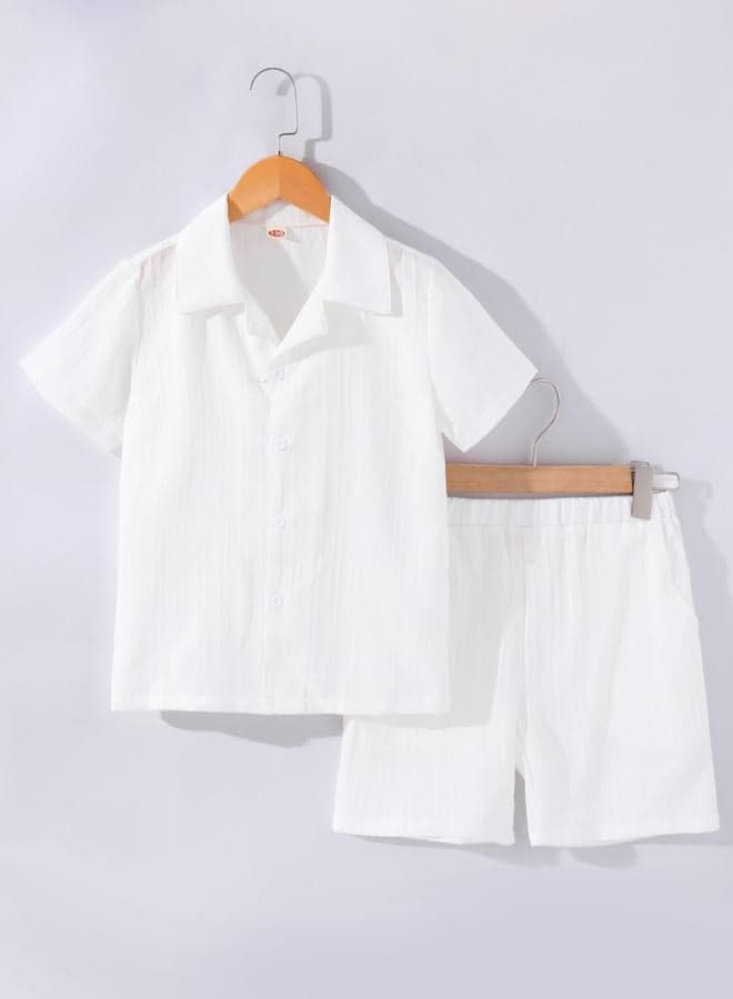 Boys White Textured Shirt And Shorts Set