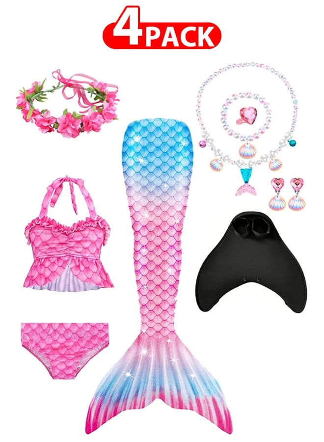 4 Pack Mermaid Tails with Mono Fin Sparkle Mermaid Swimsuit for Kids Girls Flower Headband and Mermaid Jewelry Set
