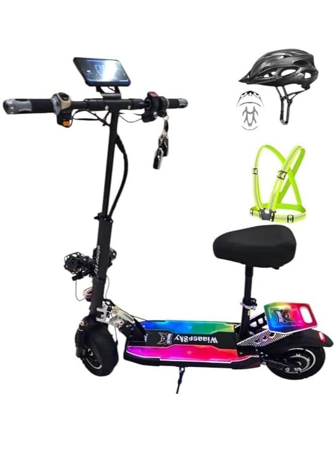 E10 Plus Electric Scooter 2024-1500W Motor | 25-30km Mileage | Full Foldable Design | Off-Road 10 x 2.5 Tires | Black Color | Full Colorful Lights Board