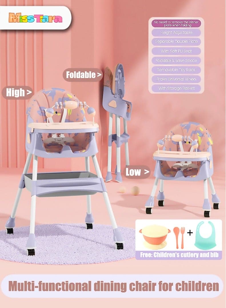 Infant Toddler Convertible High Chair for Kids with Adjustable Height and Footrest, Baby Feeding Booster Seat with Tray,Wheels,Safety Belt For 6 Months to 4 Years