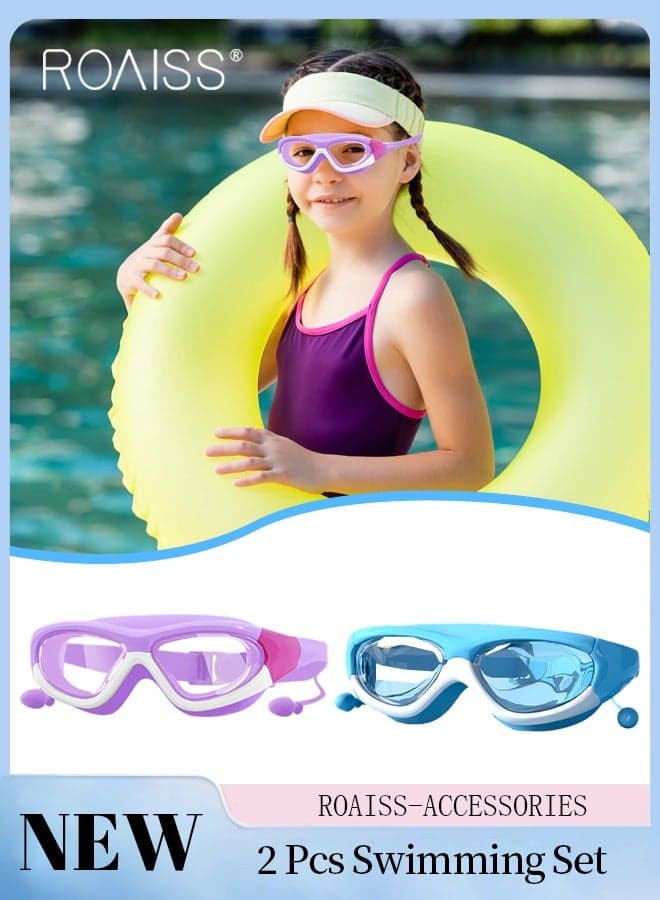 2 Pcs Kids Swim Goggles Set, Waterproof Anti-fog Swimming Goggles with Integrated Earplugs, Clear Vision Pool Goggles for Boys Girls Age 3-15 Youth, Blue and Purple