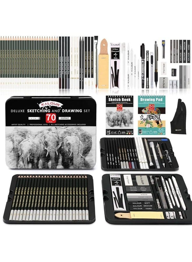 KALOUR 72-Pack Sketch Drawing Pencils Kit with Sketchbook and 3-color Drawing Paper,Tin Box,Include Graphite,Charcoal,Drawing Glove and Artists Tools,Pro Art Drawing Supplies for Beginner
