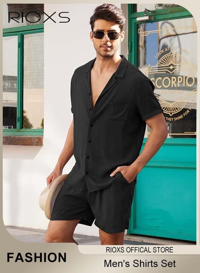 2-Piece Men's Summer Outfits, Loose Fit Button-Down Short Sleeve Shirts with Wide Leg Shorts, Casual 2 Piece Beach Outfits with Pockets, Lightweight Breathable Solid Shirt and Shorts, Crafted from High-quality Cotton Linen Blend, Perfect for Daily Wear, Sports, Party, Fitness, Working or Traveling, Black