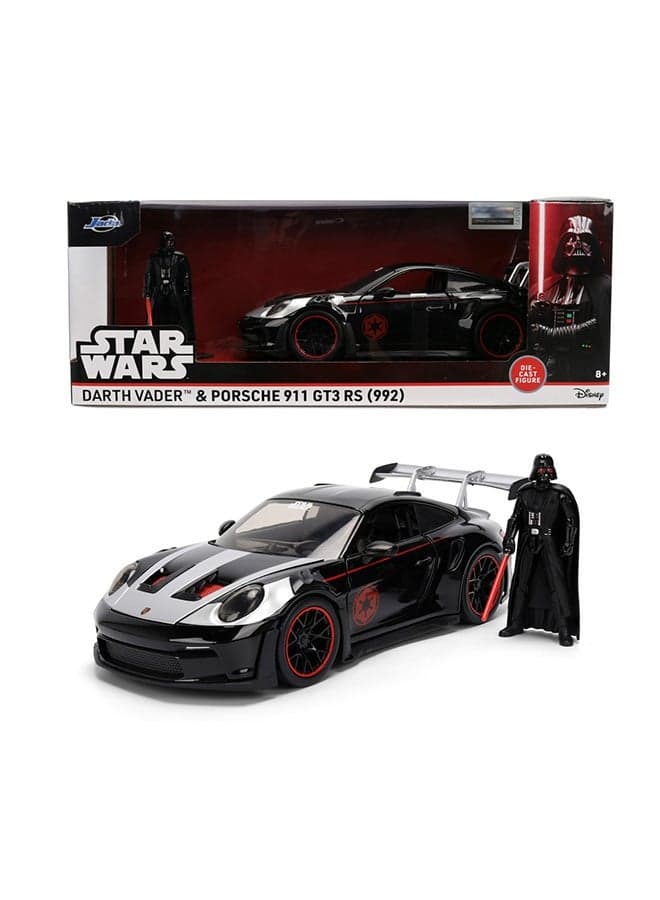 Toys Star Wars Darth Vader Porsche 911 GT3 RS Die-Cast Car with Figure, Doors and Bonnet to Open, Freewheel, 19 cm, Toys for Kids and Adults – 1:24 Scale, Black