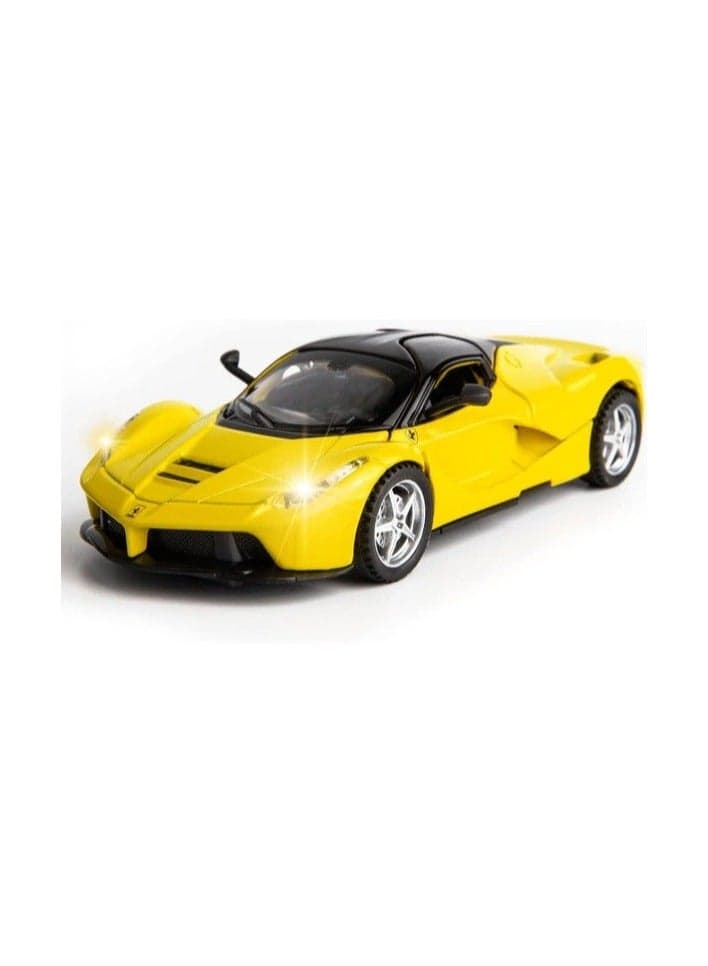 Dexo 1:32 Scale Diecast Model Car with Light & Sound – Pull Back Metal Toy Car with Openable Doors, Realistic Race Car for Kids & Collectors (Yellow)