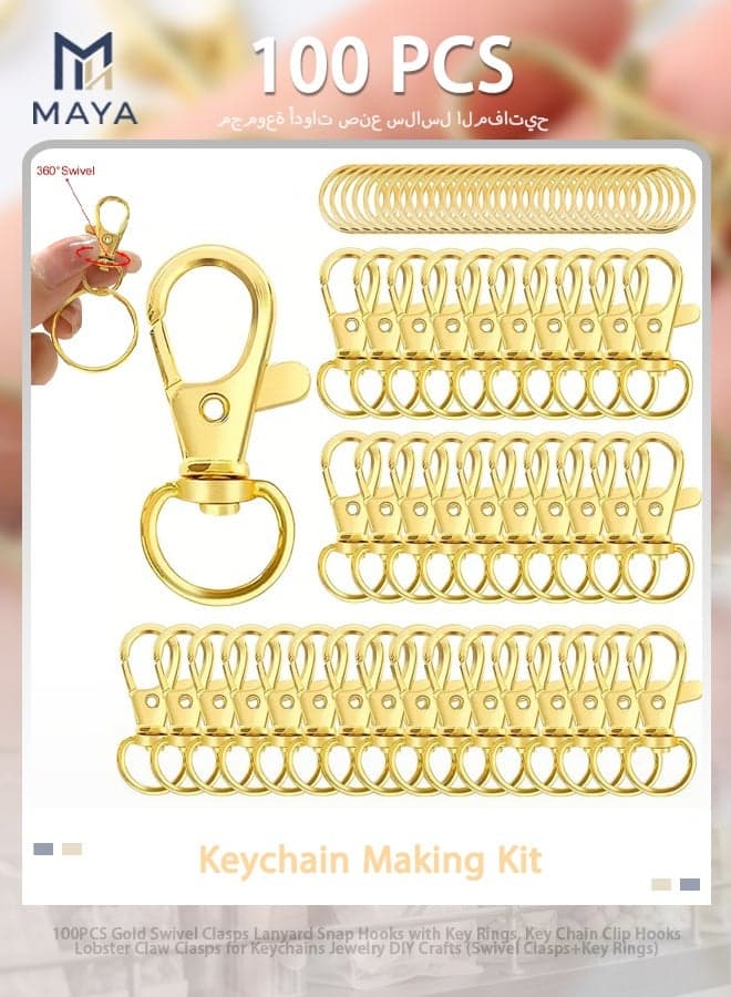 100PCS Gold Swivel Clasps Lanyard Snap Hooks with Key Rings, Key Chain Clip Hooks Lobster Claw Clasps for Keychains Jewelry DIY Crafts (Swivel Clasps+Key Rings)