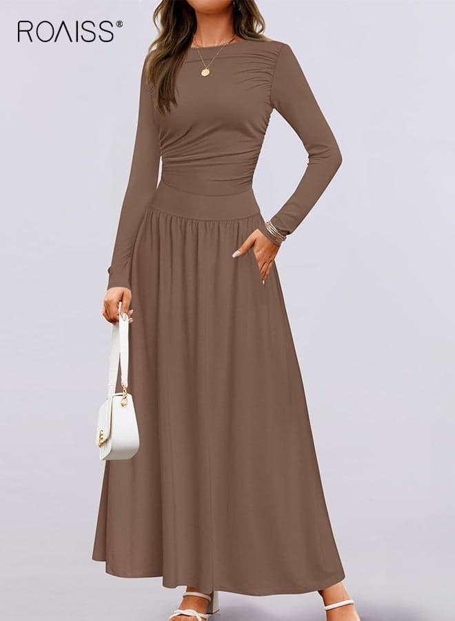 Women's Long Sleeve Midi Dress Fall Crew Neck Knit Casual Slim Swing Pleated Dress with Pockets High Waist Casual and Comfortable Long A-Line Dress Dress for ladies