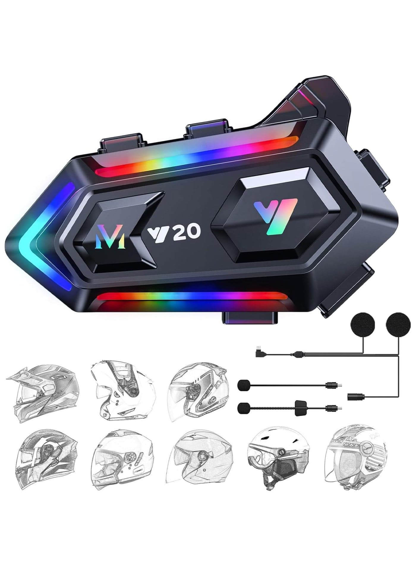 Motorcycle Helmet Speakers with 16-Types RGB Dazzling Lights High Battery Life Motorcycle Headphones Dual Noise Reduction/Automatic Answer/Call Music Control/Wake up Siri/IPX6